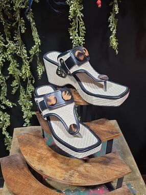 Woven Natural Wedge Thong Sandals with Black Trim